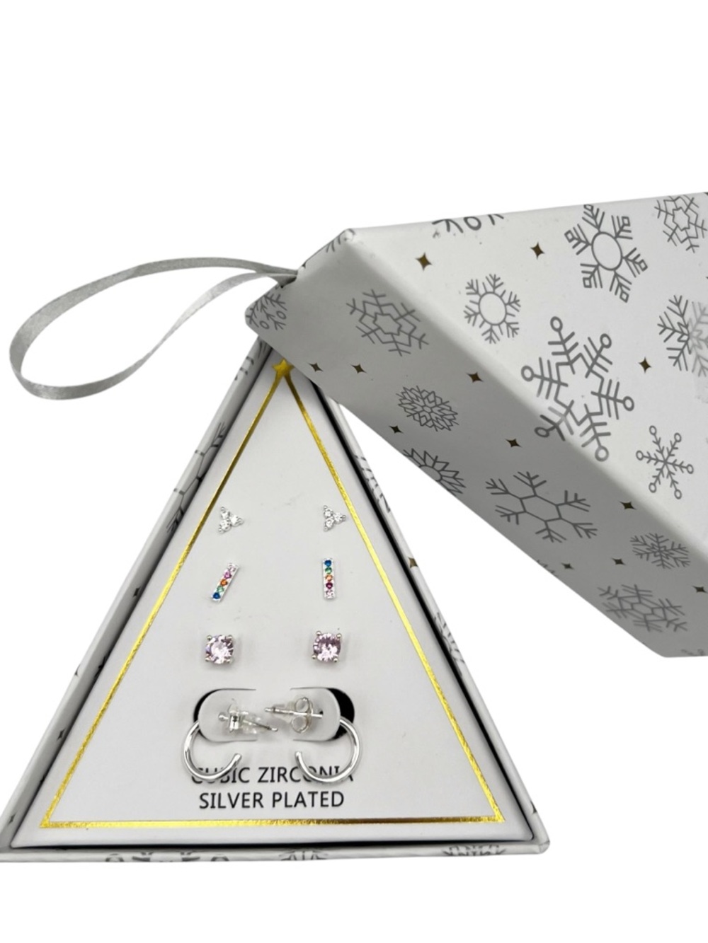 NWT Macy’s Silver Plated Cubic Zirconia 4 Earrings Set Ornament Box